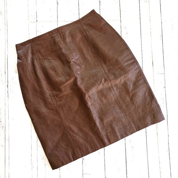 Savannah Dresses & Skirts - Vintage Savannah Western Fall Genuine Leather Brown Midi Skirt Zip Up Back